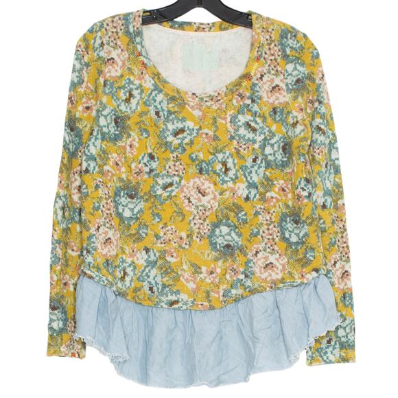 Lilka Anthropologie Womens Top Sweatshirt Mixed Media Ruffle Floral Medium FC - Picture 1 of 6